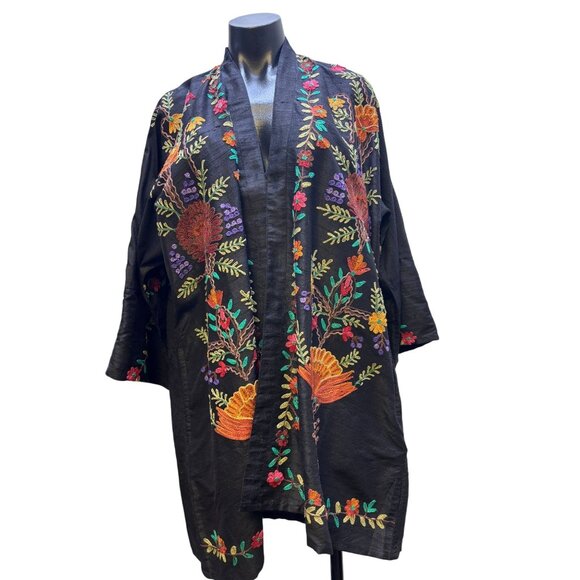 NWT Black Floral Embroidered Open Front Long Cardigan L - Picture 1 of 7